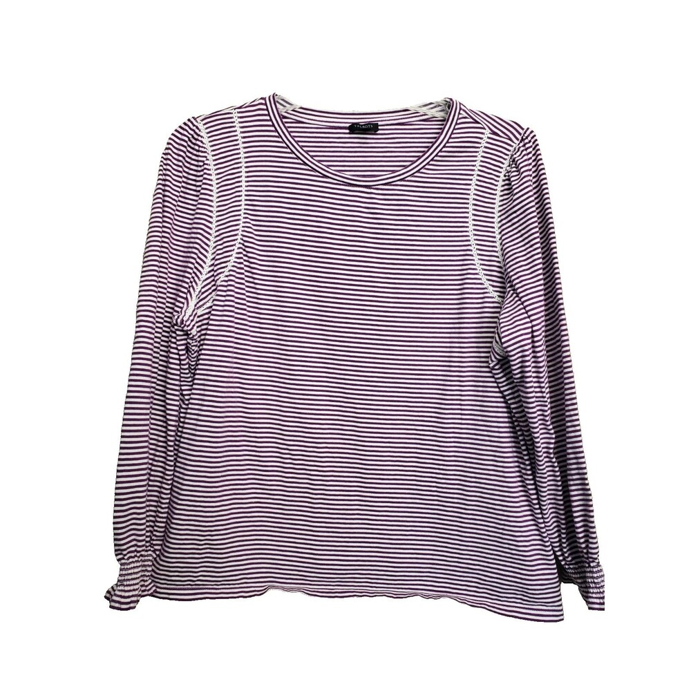 Talbots Plus Striped Lattice Trim Smocked Cuff Long Sleeve Crew Neck T-Shirt 2X